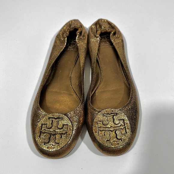 Tory Burch [ Womens 9.5 ] Metallic Crackle Leather Shine Slip on Flats in Bronze